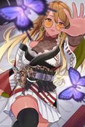 Rule 34 | 1girl, absurdres, animal print, bare shoulders, belt, bespectacled, black eyes, black wristband, blonde hair, blurry, blurry foreground, blush, breasts, brown hair, bug, butterfly, chain, cleavage, collarbone, dark-skinned female, dark skin, dress, earrings, fishnets, from above, glasses, gradient hair, grey-framed eyewear, gyaru, highres, hoop earrings, idolmaster, idolmaster shiny colors, insect, izumi mei, jewelry, knee up, lace trim, large breasts, leopard print, long hair, long sleeves, looking at viewer, lying, multicolored hair, on back, on bed, open hand, parted lips, print dress, purple belt, reaching, reaching towards viewer, rihiro 153, sash, see-through, smile, solo, sunglasses, tan, umbrella, white dress, wide sleeves