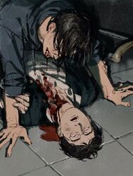 Rule 34 | 2boys, black eyes, black hair, bleeding, blood, blood drip, blood from mouth, blood on clothes, blood on face, blood on neck, cannibalism, chengongzi123, collared shirt, commentary, corpse, death, gakuran, glasses, guro, highres, kogure kiminobu, looking at viewer, lying, male focus, mitsui hisashi, multiple boys, on back, open mouth, pool of blood, rimless eyewear, rolling eyes, round eyewear, school uniform, shirt, slam dunk (series), symbol-only commentary, tile floor, tiles, upper body