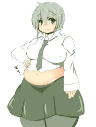 Rule 34 | 1girl, belly, black eyes, blush, breasts, collared shirt, covered erect nipples, fat, female focus, grey hair, highres, large breasts, long sleeves, looking at viewer, miniskirt, navel, necktie, nengorogoro, open mouth, original, pantyhose, plump, shirt, short hair, simple background, skirt, solo, sweat, tareme, thick thighs, thighs, undersized clothes, wide hips