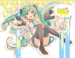 Rule 34 | 1girl, armpits, black footwear, black thighhighs, blush, boots, detached sleeves, full body, green eyes, green hair, hatsune miku, headset, long hair, looking at viewer, matching hair/eyes, md5 mismatch, murakami yuichi, necktie, open mouth, outstretched arms, resolution mismatch, skirt, smile, solo, source larger, thigh boots, thighhighs, twintails, very long hair, vocaloid