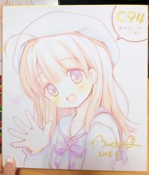 Rule 34 | 1girl, :d, ahoge, beret, blush, bow, collarbone, commentary request, dated, fingernails, hair between eyes, hand up, hat, head tilt, highres, light brown hair, looking at viewer, open mouth, original, piyodera mucha, purple bow, purple eyes, sailor collar, school uniform, serafuku, shirt, signature, sleeves past wrists, smile, solo, translation request, white hat, white sailor collar, white shirt