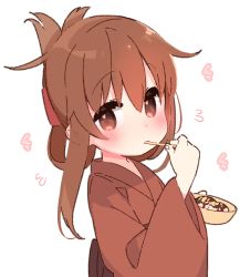 Rule 34 | 1girl, blush, brown eyes, brown hair, commentary request, eating, flying sweatdrops, folded ponytail, food, inazuma (kancolle), japanese clothes, kantai collection, kimono, long hair, looking at viewer, simple background, solo, takoyaki, upper body, white background, yoru nai, yukata