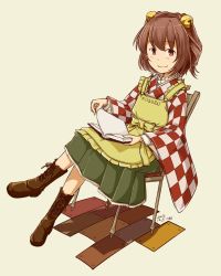 Rule 34 | 1girl, book, book on lap, boots, brown hair, chair, character name, checkered clothes, checkered clothes, checkered kimono, clothes writing, cross-laced footwear, female focus, full body, hair bobbles, hair ornament, japanese clothes, kawashina (momen silicon), kimono, lace-up footwear, looking at viewer, motoori kosuzu, open book, red eyes, short hair, sitting, smile, solo, touhou