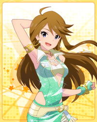 Rule 34 | 10s, 1girl, armlet, blue eyes, bracelet, brown hair, choker, earrings, female focus, fingerless gloves, gloves, hand on own head, idolmaster, idolmaster million live!, jewelry, kawakami tetsuya, long hair, looking at viewer, lots of jewelry, official art, open mouth, smile, solo, tokoro megumi, yellow background