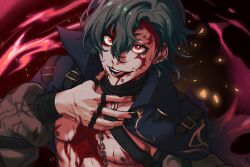 Rule 34 | 1boy, absurdres, ariisoo, blood, blood on face, buckle, fire emblem, fire emblem engage, green hair, griss (fire emblem), hair between eyes, highres, jewelry, looking at viewer, male focus, multiple piercings, nintendo, nipple piercing, open mouth, piercing, red eyes, ring, short hair, solo