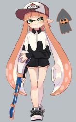 Rule 34 | 1girl, bad id, bad twitter id, baseball cap, black footwear, black shorts, blunt bangs, closed mouth, commentary, cross-laced footwear, dolphin shorts, emblem, green eyes, grey background, hat, holding, inkling, inkling girl, inkling player character, logo, long hair, looking at viewer, maco spl, nintendo, pink hair, pointy ears, red hat, shirt, shoes, short shorts, shorts, smile, sneakers, solo, splatoon (series), splatoon 1, squid, squiffer (splatoon), standing, tentacle hair, white shirt