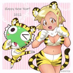 1boy 1girl angol_mois blonde_hair breasts gyaru hair_ornament hairband hairclip hakkatou highres keroro keroro_gunsou one_eye_closed tiger