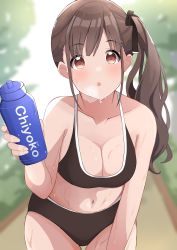 Rule 34 | 1girl, absurdres, artist request, bare shoulders, bikini, black bikini, blurry, blurry background, bottle, breasts, brown eyes, brown hair, cleavage, commentary request, day, highres, idolmaster, idolmaster shiny colors, large breasts, long hair, looking at viewer, navel, outdoors, side ponytail, solo, sonoda chiyoko, swimsuit, thighs, water bottle
