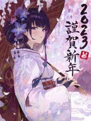 Rule 34 | 1girl, 2023, alternate costume, blunt bangs, blush, commentary, floral print, flower, from side, genshin impact, hair bun, hair flower, hair ornament, happy new year, highres, holding, holding umbrella, japanese clothes, kimono, long sleeves, looking at viewer, mole, mole under eye, new year, oil-paper umbrella, print kimono, purple eyes, purple hair, purple kimono, raiden shogun, serie niai, short hair, solo, translation request, umbrella, upper body, wide sleeves