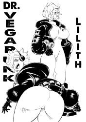 Rule 34 | 1girl, absurdres, adjusting clothes, ass, ass focus, bodysuit, breasts, character name, eyelashes, funsexydragonball, gloves, hair over one eye, highres, holding head, huge ass, jacket, large breasts, looking at viewer, looking back, looking to the side, monochrome, multiple views, one piece, open mouth, shiny clothes, short hair, simple background, solo, thick thighs, thighs, vegapunk lilith, white background, wide hips, writing