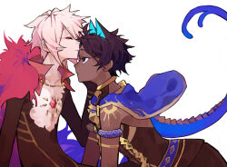 Rule 34 | 2boys, arjuna (fate), arjuna alter (fate), black eyes, black hair, blue capelet, brothers, capelet, closed eyes, dark-skinned male, dark skin, eyeliner, facing another, fate/grand order, fate (series), from side, highres, indian clothes, karna (fate), leaning forward, light smile, looking at another, makeup, male focus, multiple boys, red eyeliner, short hair, siblings, tail, white background, white hair, yeguangmusi