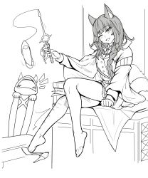 Rule 34 | 1girl, absurdres, animal ears, arknights, braid, feet, harmonie (arknights), highres, light blush, long hair, looking at viewer, monochrome, one eye closed, open mouth, shoe dangle, shoes, unworn shoes, sitting