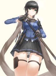 Rule 34 | 1girl, black hair, blue eyes, cape, commentary request, from below, frown, gloves, green eyes, highres, holster, jacket, kfr, knife, panties, pantyshot, pleated skirt, scarf, shadow, sheath, sheathed, skirt, solo, standing, tan background, thigh holster, underwear