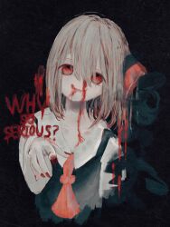 Rule 34 | 1girl, black background, black vest, blonde hair, blood, blood on face, bow, darkness, english text, hair ribbon, highres, red bow, red eyes, red headwear, red nails, ribbon, ru rnyu, rumia, short hair, smile, solo, touhou, upper body, vest