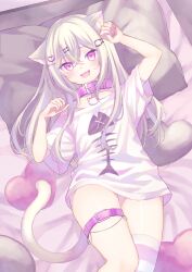 Rule 34 | 1girl, :d, absurdres, animal ear fluff, animal ears, cat ears, cat girl, cat tail, erunoto, fang, fish bone print, highres, indie virtual youtuber, long hair, looking at viewer, lying, mitarai komoru, no pants, off shoulder, on back, on bed, open mouth, paw pose, pillow, pink eyes, pink thighhighs, shirt, single thighhigh, skin fang, smile, striped clothes, striped thighhighs, tail, thighhighs, virtual youtuber, white shirt, white thighhighs