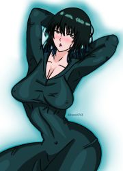 Rule 34 | ahegao, alkanoid743, armpits, arms up, dress, fubuki (one-punch man), green dress, green eyes, green hair, highres, looking at viewer, one-punch man, psychic