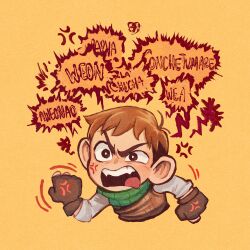 Rule 34 | 1boy, anger vein, angry, armor, brown gloves, brown hair, chibi, chilchuck tims, commentary request, cropped torso, dungeon meshi, fangs, fingerless gloves, furrowed brow, gloves, green scarf, halfling, highres, large ears, leather armor, looking ahead, male focus, open mouth, orange hair, quo (quoiseternal), raised eyebrows, scarf, scolding, shirt, short hair, simple background, solo, speech bubble, translation request, undercut, uneven eyes, white shirt, yellow background