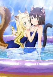 Rule 34 | 10s, 2girls, absurdres, animal ears, ass, barefoot, blonde hair, blue one-piece swimsuit, blush, breasts, brown eyes, brown hair, rabbit hair ornament, cat ears, cat tail, cleavage, cloud, colette (kono bijutsubu niwa mondai ga aru!), competition school swimsuit, dog ears, dog tail, from side, green eyes, hair ornament, twirling hair, highres, kono bijutsubu niwa mondai ga aru!, light, long hair, looking at viewer, medium breasts, multiple girls, nyantype, official art, one-piece swimsuit, open mouth, partially submerged, school swimsuit, short hair, sitting, sky, smile, swimsuit, tail, teeth, thighs, usami mizuki, wading pool, water, wet