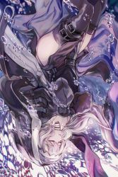 Rule 34 | 1girl, absurdres, arknights, black dress, black thighhighs, bubble, commentary, dress, english commentary, eyelashes, closed eyes, habit, highres, long hair, long sleeves, open mouth, own hands together, silver hair, solo, specter (arknights), strap, thighhighs, thighs, underwater, upside-down, veil, zya zya