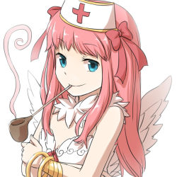 Rule 34 | 1girl, bangle, bikini, blue eyes, bow, bracelet, bracer, breasts, closed mouth, commentary request, crossed arms, feathered wings, hair bow, hat, jewelry, long hair, looking at viewer, natsuya (kuttuki), nurse cap, pink hair, pipe in mouth, ragnarok online, red bow, simple background, small breasts, smile, smoke, smoking pipe, solo, swimsuit, upper body, wanderer (ragnarok online), white background, white bikini, white hat, white wings, wings