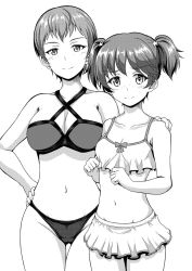 Rule 34 | 2girls, alisa (girls und panzer), bare shoulders, bikini, bikini skirt, blush, bow, breasts, cleavage, clenched hands, closed mouth, collarbone, female focus, freckles, girls und panzer, greyscale, groin, hair ornament, hand on another&#039;s shoulder, hand on own hip, highres, inoshira, large breasts, legs together, looking at viewer, midriff, monochrome, multiple girls, naomi (girls und panzer), navel, short hair, short twintails, simple background, small breasts, smile, standing, swimsuit, thigh gap, thighs, twintails, very short hair, white background