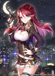 Rule 34 | 1girl, apple caramel, bad id, bad pixiv id, blue eyes, breasts, cleavage, commentary request, cowboy shot, crescent moon, diadein, gun, handgun, highres, holding, holding gun, holding weapon, long hair, long sleeves, looking at viewer, medium breasts, moon, night, night sky, official art, pistol, red hair, skirt, sky, smile, solo, thighhighs, weapon, zettai ryouiki