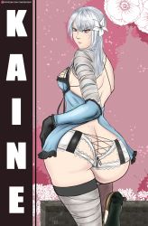 Rule 34 | 1girl, absurdres, angry, ass, bandaged arm, bandages, breasts, butt crack, flower, from behind, gloves, hair flower, hair ornament, highres, kaine (nier), long hair, looking at viewer, looking back, nier, nier (series), no panties, purple eyes, shiny skin, short shorts, shorts, sideboob, silver hair, solo, thighhighs, yincrescent
