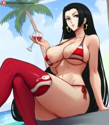 Rule 34 | 1girl, areola slip, beach, bikini, boa hancock, breasts, cloud, cloudy sky, commentary, covered erect nipples, crossed legs, cup, drinking glass, earrings, english commentary, female focus, highres, holding, holding cup, jewelry, lady shin, large breasts, long hair, midriff, navel, ocean, one piece, outdoors, palm tree, patreon logo, patreon username, red thighhighs, side-tie bikini bottom, sitting, sky, snake earrings, solo, swimsuit, thighhighs, tree, underboob, very long hair, watermark, web address, wine glass