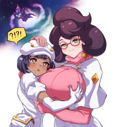 Rule 34 | !?, + +, 2girls, :&lt;, aether foundation employee, aether foundation employee (female), aether foundation uniform, alternate breast size, bad id, bad pixiv id, big hair, black hair, blush, breasts, brown eyes, cabbie hat, cleanerjay, commentary, creatures (company), dark-skinned female, dark skin, deep skin, female focus, galaxy, game freak, gen 7 pokemon, glasses, grabbing, grabbing another&#039;s breast, green eyes, hand on another&#039;s head, hat, headpat, highres, hug, huge breasts, long hair, multiple girls, naughty face, nintendo, pink-framed eyewear, poipole, pokemon, pokemon (creature), pokemon sm, ribbed sweater, shiny clothes, shiny skin, shirt, short hair, simple background, size difference, smile, smug, space, sparkling eyes, spoken interrobang, star (sky), sweater, taut clothes, taut shirt, triangle mouth, turtleneck, turtleneck sweater, ultra beast, upper body, white background, wicke (pokemon), yuri