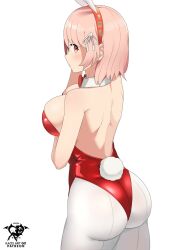 1girl alternate_costume animal_ears artist_name ass bare_back bow bowtie breasts cowboy_shot detached_collar fake_animal_ears fire_emblem fire_emblem_engage hair_ribbon huge_ass kaos_art lapis_(fire_emblem) large_breasts leotard looking_back nintendo pantyhose patreon_username pink_eyes pink_hair playboy_bunny rabbit_girl red_bow red_bowtie red_leotard revealing_clothes ribbon short_hair sideboob simple_background skin_tight solo white_background white_pantyhose white_ribbon