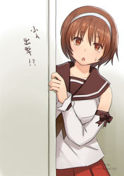 Rule 34 | 1girl, brown eyes, brown hair, brown sailor collar, commentary request, cowboy shot, detached sleeves, hairband, kantai collection, leaning to the side, looking at viewer, natori (kancolle), nikuoji, one-hour drawing challenge, open mouth, peeking out, pleated skirt, red skirt, sailor collar, school uniform, serafuku, short hair, skirt, solo, translation request, white hairband