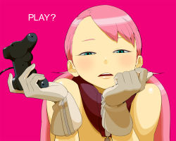 Rule 34 | 00s, 1girl, aqua eyes, blush, controller, cynthia lane, game console, game controller, gloves, head rest, looking at viewer, overman king gainer, pink background, pink hair, playing games, simple background, solo, tocky
