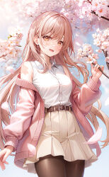 Rule 34 | 1girl, arm up, bare shoulders, belt, brown pantyhose, brown skirt, collarbone, collared shirt, earrings, flower, funii, hair between eyes, highres, holding, holding flower, jacket, jewelry, long hair, long sleeves, looking at viewer, open clothes, open jacket, open mouth, original, pantyhose, petals, pink eyes, pink flower, pink hair, pink jacket, shiny pantyhose, shirt, skirt, sleeveless, teeth, upper teeth only, white shirt