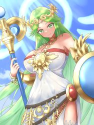 Rule 34 | 1girl, ancient greek clothes, armlet, breasts, chiton, dress, forehead jewel, gold, green eyes, green hair, highres, jewelry, kid icarus, kid icarus uprising, large breasts, laurel crown, long hair, nintendo, oreo worcesuter, palutena, parted bangs, pendant, shield, side slit, single thighhigh, solo, staff, strapless, strapless dress, thighhighs, vambraces, very long hair, white thighhighs