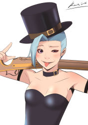 Rule 34 | 1girl, ;p, absurdres, antique firearm, armlet, asymmetrical bangs, bare shoulders, blue hair, blush, breasts, choker, cleavage, firearm, firelock, flintlock, gun, hat, highres, jinx (league of legends), league of legends, one eye closed, over shoulder, purple eyes, rifle, rude ruin, solo, tongue, tongue out, top hat, weapon, weapon over shoulder