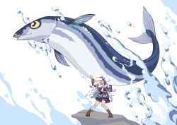 Rule 34 | 1girl, animal, black skirt, blue eyes, boots, camouflage, camouflage jacket, commentary request, earmuffs, fish, flat cap, hat, hibiki (kancolle), highres, holding, holding animal, holding fish, jacket, kantai collection, long hair, oversized object, pantyhose, pleated skirt, school uniform, silver hair, skirt, solo, tsubasa tsubasa, water, water drop, white hat, white pantyhose