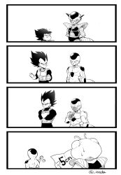 Rule 34 | 3boys, 4koma, age progression, armor, child, clenched hands, comic, commentary request, crossed arms, dragon ball, dragon ball (object), dragon ball super, dragon ball super broly, dragonball z, frieza, gloves, golden frieza, greyscale, height conscious, height difference, highres, horns, kikono, male focus, monochrome, multiple boys, paper, pointing, pointing at self, reading, senka-san, shoulder armor, silent comic, sweat, tail, twitter username, vegeta