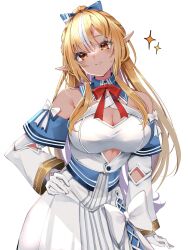 Rule 34 | 1girl, bare shoulders, blonde hair, blue collar, blue hairband, blush, bow, breasts, cleavage, collar, dark-skinned female, dark skin, detached collar, detached sleeves, dress, gloves, hairband, halter dress, halterneck, highres, hololive, large breasts, long hair, looking at viewer, multicolored hair, pointy ears, red eyes, shiranui flare, shiranui flare (1st costume), sidelocks, smile, solo, streaked hair, virtual youtuber, white background, white dress, white gloves, white hair, white sleeves, yuanagae