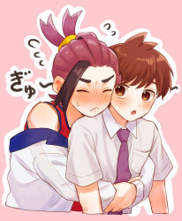 Rule 34 | 2boys, black hair, blue necktie, blush, brown eyes, brown hair, closed eyes, collared shirt, colored inner hair, commentary request, creatures (company), embarrassed, florian (pokemon), flying sweatdrops, game freak, hair tie, hair tied, hair tied up, highres, hug, hug from behind, jacket, kieran (pokemon), looking at another, looking back, loose hair strand, male focus, mochi (mocchi p 2m), multicolored hair, multiple boys, necktie, nintendo, off-shoulder jacket, off shoulder, open mouth, pink background, pokemon, pokemon sv, purple hair, red tank top, shirt, short hair, shy, surprise hug, sweat, sweatdrop, tank top, two-tone hair, upper body, white jacket, white shirt, yaoi