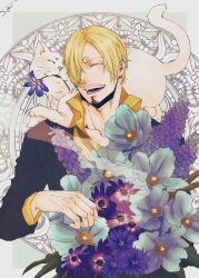 Rule 34 | 1boy, absurdres, animal, animal on shoulder, blonde hair, blue flower, bouquet, cat, closed eyes, curly eyebrows, facial hair, flower, flower ornament, goatee, hair over one eye, highres, holding, holding bouquet, laughing, male focus, mustache, one piece, open mouth, sanji (one piece), short hair, sk c ii, upper body