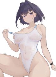 Rule 34 | 1girl, absurdres, black hair, blue eyes, breasts, chyraliss, closed mouth, covered navel, hair intakes, highleg, highleg swimsuit, highres, hololive, hololive english, large breasts, one-piece swimsuit, ouro kronii, pulled by self, see-through, short hair, simple background, skindentation, solo, strap pull, swimsuit, thighs, virtual youtuber, wet, white background, white one-piece swimsuit, white swimsuit