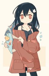Rule 34 | 1girl, backpack, bag, bag charm, bare shoulders, black hair, blush, charm (object), coat, hair ornament, charm (object), melanbread, open mouth, original, red coat, red eyes, school bag, short hair, simple background, sleeves past wrists, solo