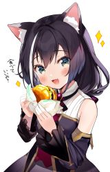 Rule 34 | 1girl, :d, animal ear fluff, animal ears, bare shoulders, black hair, black ribbon, blush, breasts, burger, cat ears, cat girl, commentary request, detached sleeves, dress, fang, food, green eyes, hair ribbon, highres, holding, holding food, kanda done, karyl (princess connect!), long hair, looking at viewer, multicolored hair, open mouth, princess connect!, ribbon, simple background, skin fang, sleeveless, sleeveless dress, small breasts, smile, solo, streaked hair, translation request, white background, white hair
