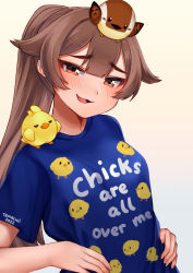 Rule 34 | 1girl, :3, animal, animal on head, bird, bird on head, blue shirt, blush, breasts, brown eyes, brown hair, chick on shoulder, clothes writing, dated, fingernails, head tilt, highres, looking at viewer, on head, original, ponytail, print shirt, shirt, short sleeves, signature, simple background, small breasts, smile, smug, solo, temachii, temachii (character), white background