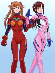 Rule 34 | 2girls, absurdres, artist request, blue background, blue eyes, bodysuit, breasts, brown hair, cowboy shot, evangelion: 2.0 you can (not) advance, glasses, gradient background, green eyes, hair between eyes, hairband, highres, impossible bodysuit, impossible clothes, long hair, looking at viewer, low twintails, makinami mari illustrious, multiple girls, neon genesis evangelion, pink bodysuit, plugsuit, rebuild of evangelion, red bodysuit, shiny clothes, simple background, smile, souryuu asuka langley, standing, twintails, two side up, very long hair, wide hips