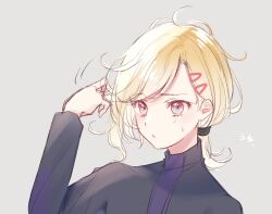 Rule 34 | 1other, alternate costume, alternate hairstyle, antenna hair, blonde hair, closed mouth, gnosia, hair ornament, hairclip, nekotemari, other focus, ponytail, red eyes, setsu (gnosia), short hair, short ponytail, simple background, solo, translation request