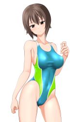 Rule 34 | 1girl, absurdres, aqua one-piece swimsuit, black eyes, breasts, brown eyes, cameltoe, collarbone, commentary request, competition swimsuit, contrapposto, covered navel, cowboy shot, girls und panzer, head out of frame, highleg, highleg swimsuit, highres, large breasts, looking at viewer, medium breasts, nishizumi maho, one-piece swimsuit, short hair, simple background, solo, swimsuit, takafumi, two-tone swimsuit, white background