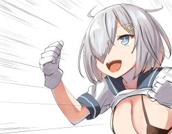 Rule 34 | 1girl, ahoge, bad id, bad pixiv id, belko, bikini, bikini top only, black bikini, blue eyes, blush, breasts, cleavage, clothes lift, emphasis lines, gloves, grey hair, hair ornament, hair over one eye, hairclip, hamakaze (kancolle), kantai collection, large breasts, lifted by self, open mouth, school uniform, serafuku, shirt lift, short hair, short sleeves, smile, solo, swimsuit, text in eyes, thumbs up, white gloves