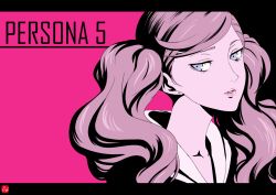 Rule 34 | 1girl, brown hair, chris re5, collarbone, earrings, floating hair, grey eyes, hood, hood down, jewelry, long hair, looking at viewer, looking to the side, parted lips, persona, persona 5, pink background, portrait, simple background, solo, takamaki anne, twintails