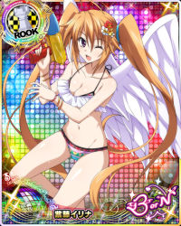Rule 34 | 1girl, ahoge, angel, angel wings, bikini, blush, breasts, card (medium), character name, chess piece, cleavage, female focus, frills, high school dxd, large breasts, long hair, looking at viewer, official art, open mouth, orange hair, purple eyes, rook (chess), shidou irina, solo, swimsuit, trading card, twintails, very long hair, water gun, white wings, wings, wink